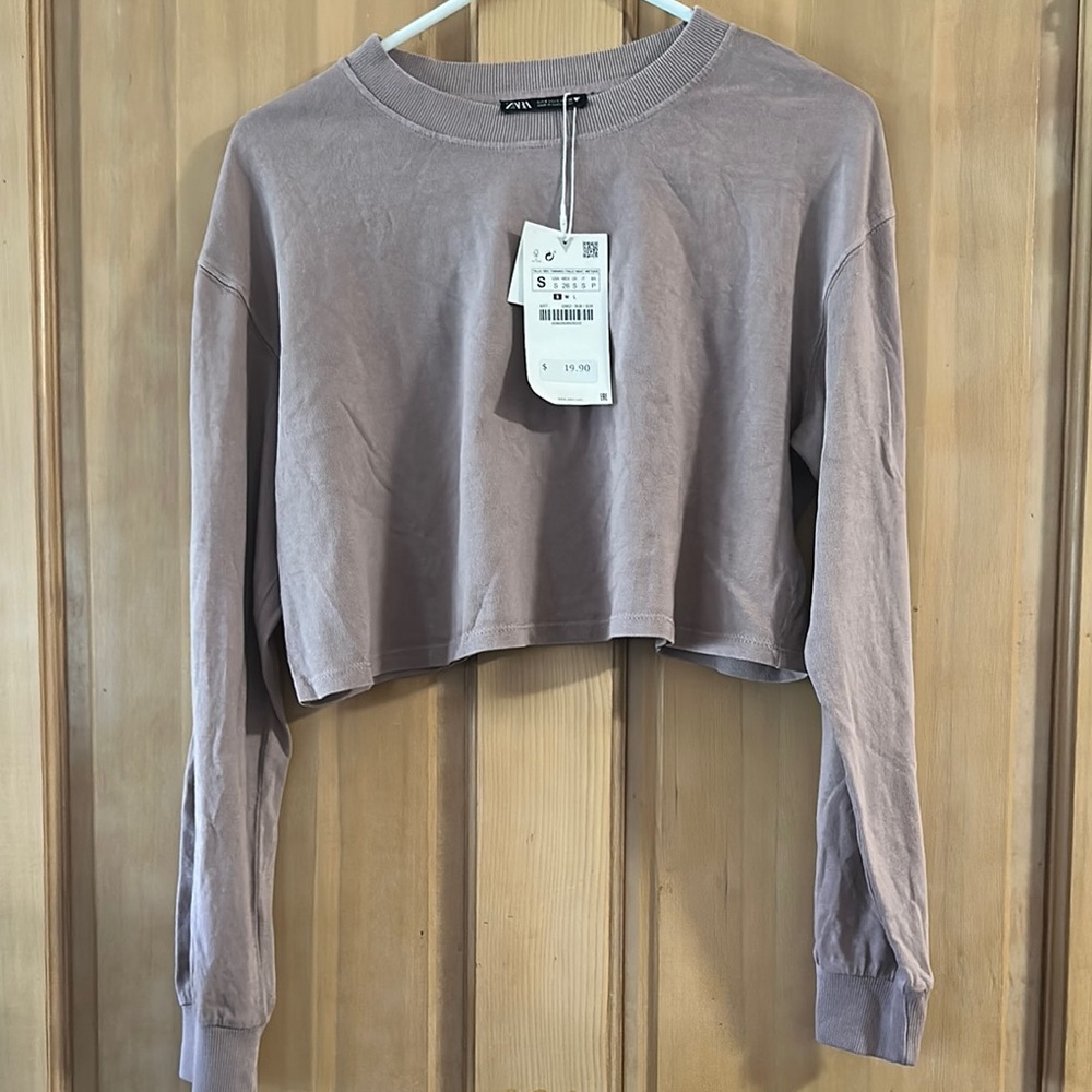 Zara Gray Pink Long Sleeve Boxy Crop Sweatshirt